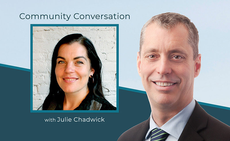 A flyer for the community housing conversation shows Julie Chadwick and MP Paul Manly with the words "community conversation."