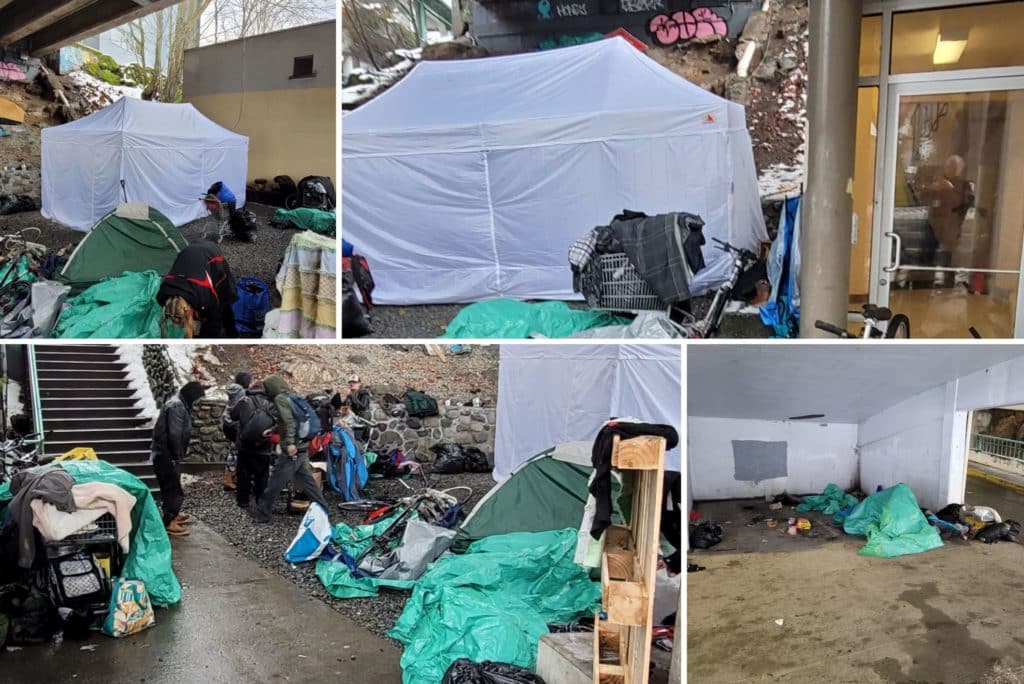 Tarps, tents and supplies are spread around the city-owned Bastion Street bridge and parkade. Photo courtesy of the City of Nanaimo