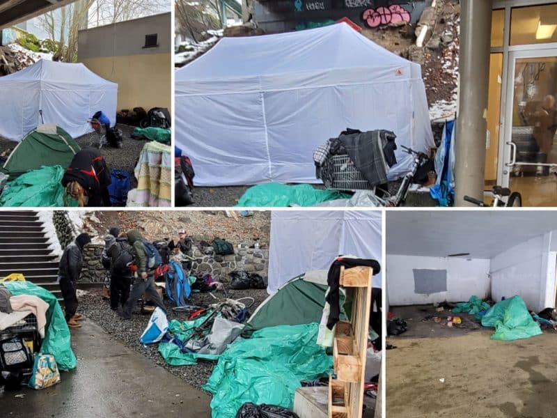 Tarps, tents and supplies are spread around the city-owned Bastion Street bridge and parkade. Photo courtesy of the City of Nanaimo