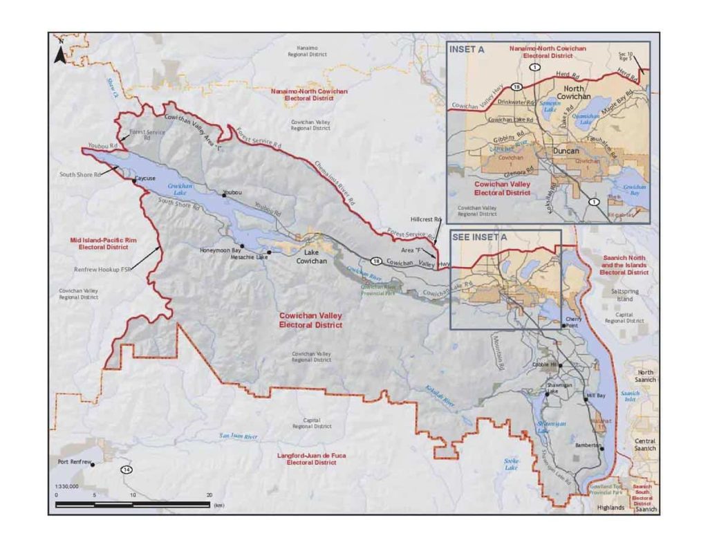 This map by Elections BC shows the boundaries of the Cowichan Valley riding.