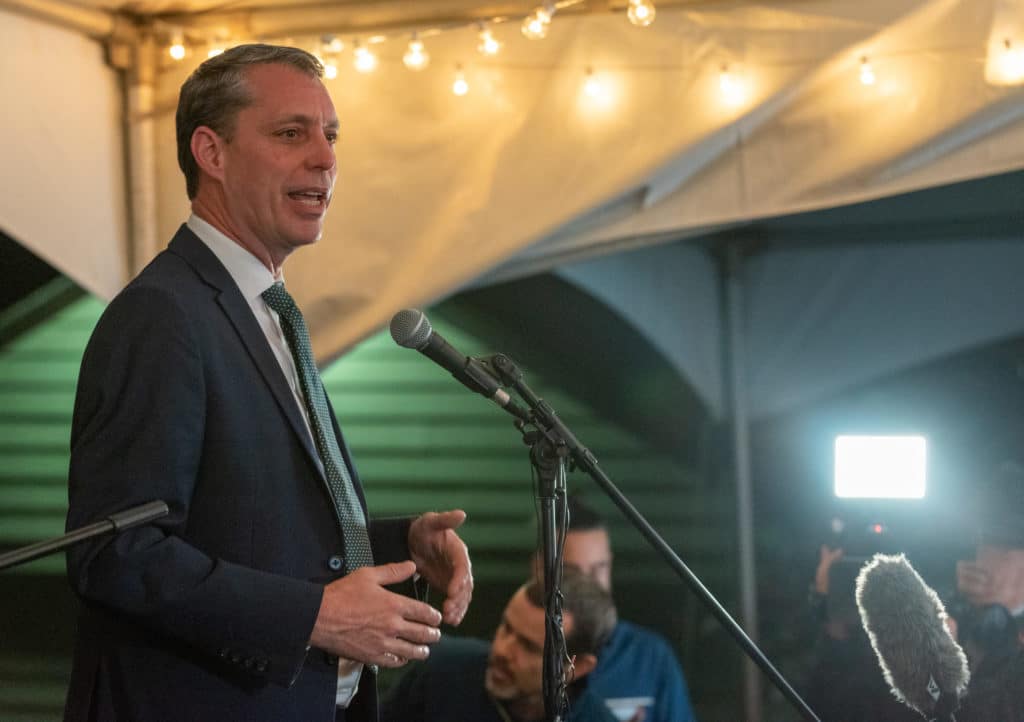 Incumbent candidate Paul Manly makes a speech to supporters on election night 2021. He formally lost his seat to the NDP's Lisa Marie Barron in the Nanaimo-Ladysmith riding later that week.