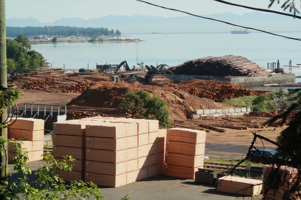 Stacks of lumber and raw logs are shown at the mill site in Nanaimo along the coast.