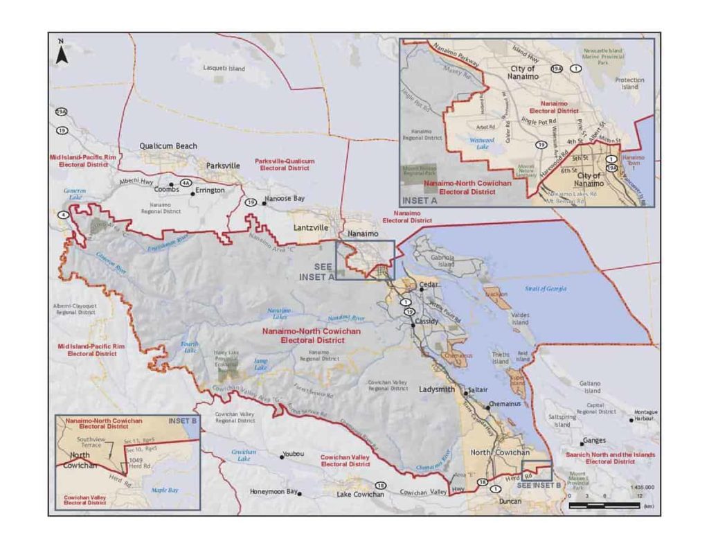 This map by Elections BC shows the boundaries of the Nanaimo-North Cowichan riding.