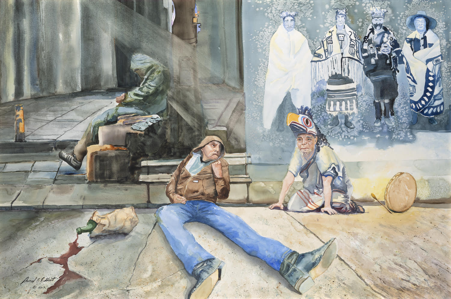 A brightly coloured watercolour painting from Daniel R. Elliott’s series Winds of Change tells the story of his Elder, shown slumped on the sidewalk in blue jeans and a brown hoodie, face contorted, fists clenched. Crouched beside him is his Nuu Chah Nulth grandfather wearing full Regalia, marked by the crown of an Eagle mask, calling on his grandson to transform.