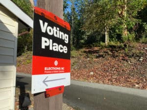 "Voting Place" sign taped to a utility pole