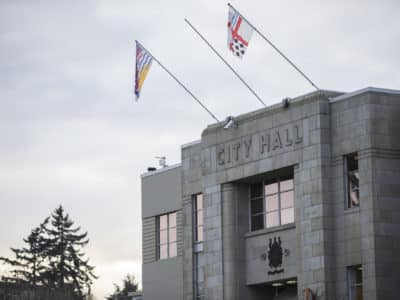 The front of city hall is burned.