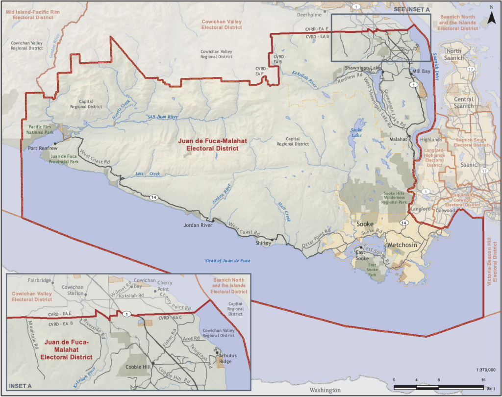 A map of the Juan de Fuca-Malahat Electoral Area boundaries for the 2024 provincial election